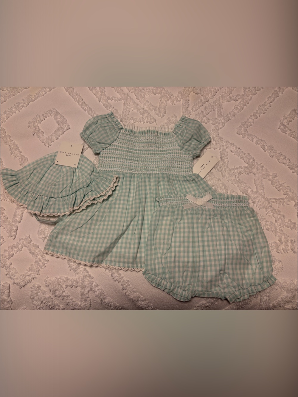 Kids Mint Gingham Smocked Dress with Puff Sleeves and Matching Hat